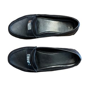 Coach Fredrica Driver Loafer, Black Pebbled Leather, Silver Logo Plate, Size 9B